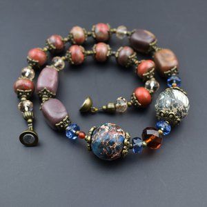 Short chunky boho necklace, ooak statement stone bead bohemian jewelry